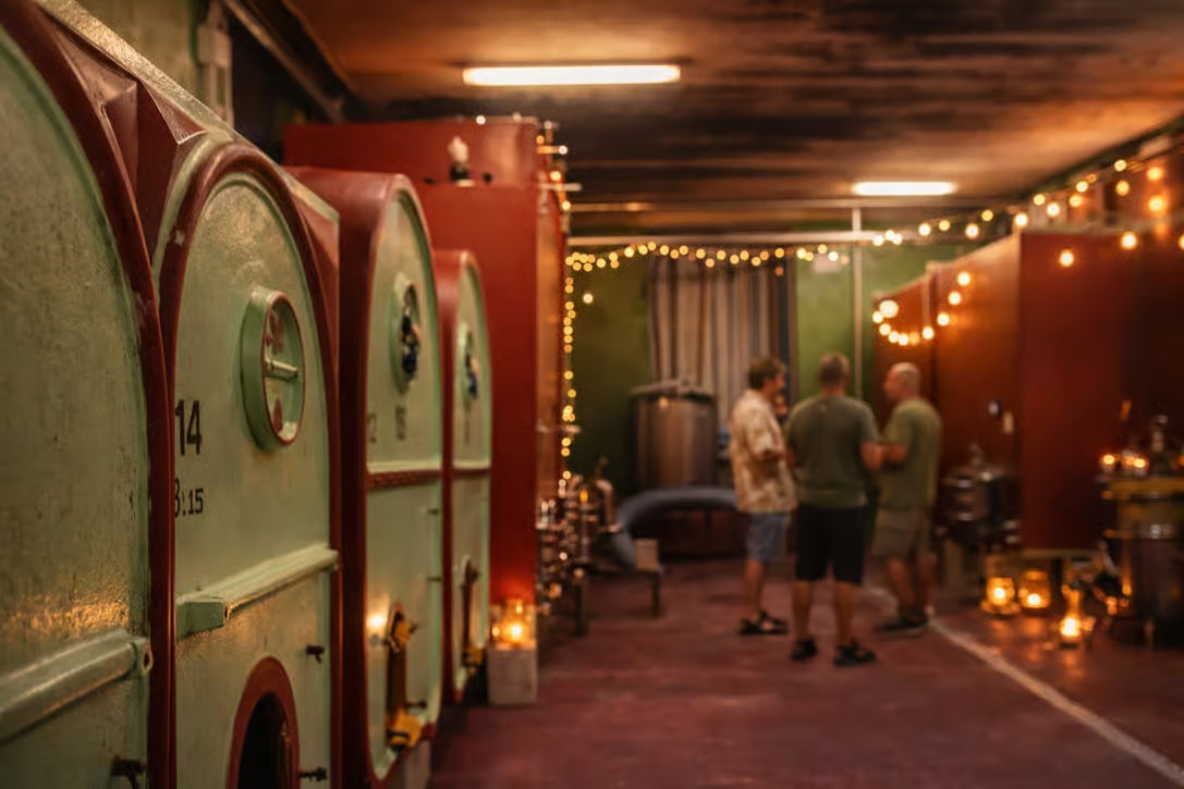 Historic wine cellar with traditional barrels and warm lighting during the winery tour