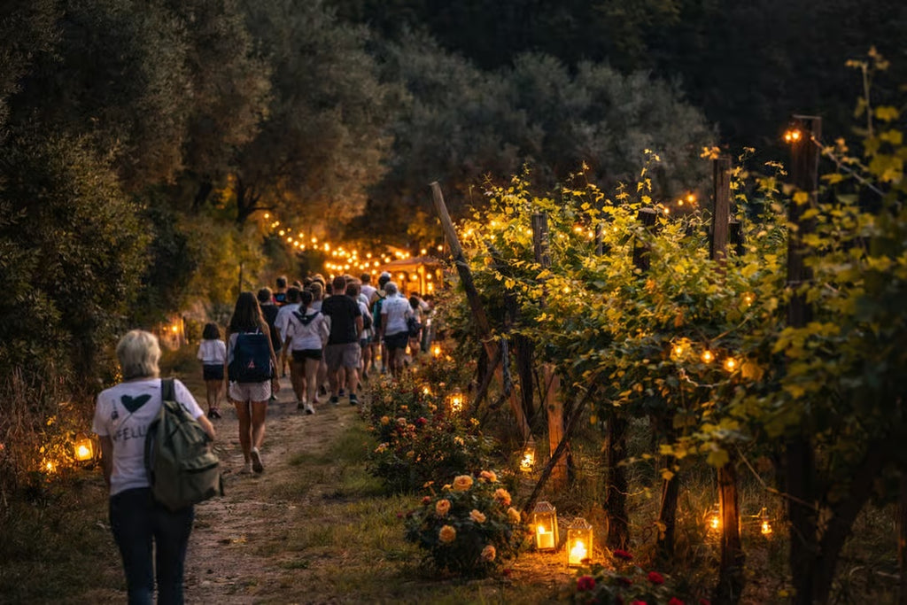 Visitors walking among illuminated vineyard rows during a winery event near Verona