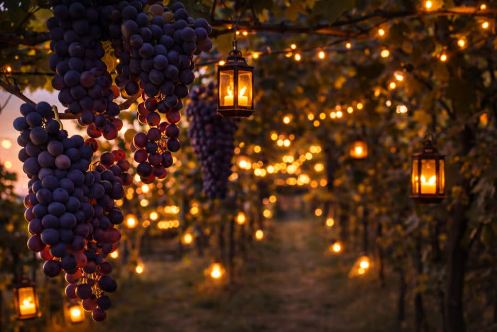 Purple grapes and glowing lanterns among the vineyards at a Verona countryside winery