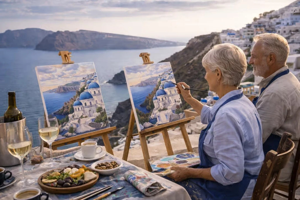 Couple painting Santorini coastal scenery on canvas with wine and Greek meze beside the easels