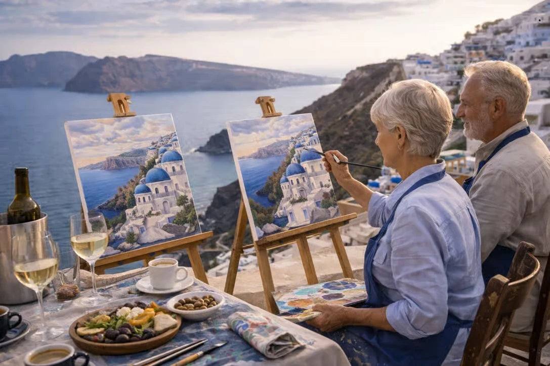 Couple painting Santorini coastal scenery on canvas with wine and Greek meze beside the easels