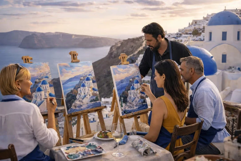 Private Santorini painting workshop with an artist guiding guests at easels overlooking the caldera