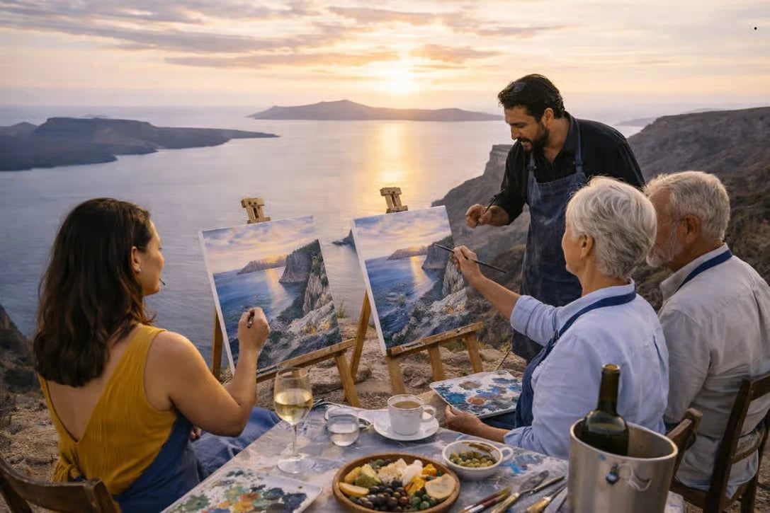 Santorini sunset art class with an instructor, guests painting on canvas and panoramic sea views